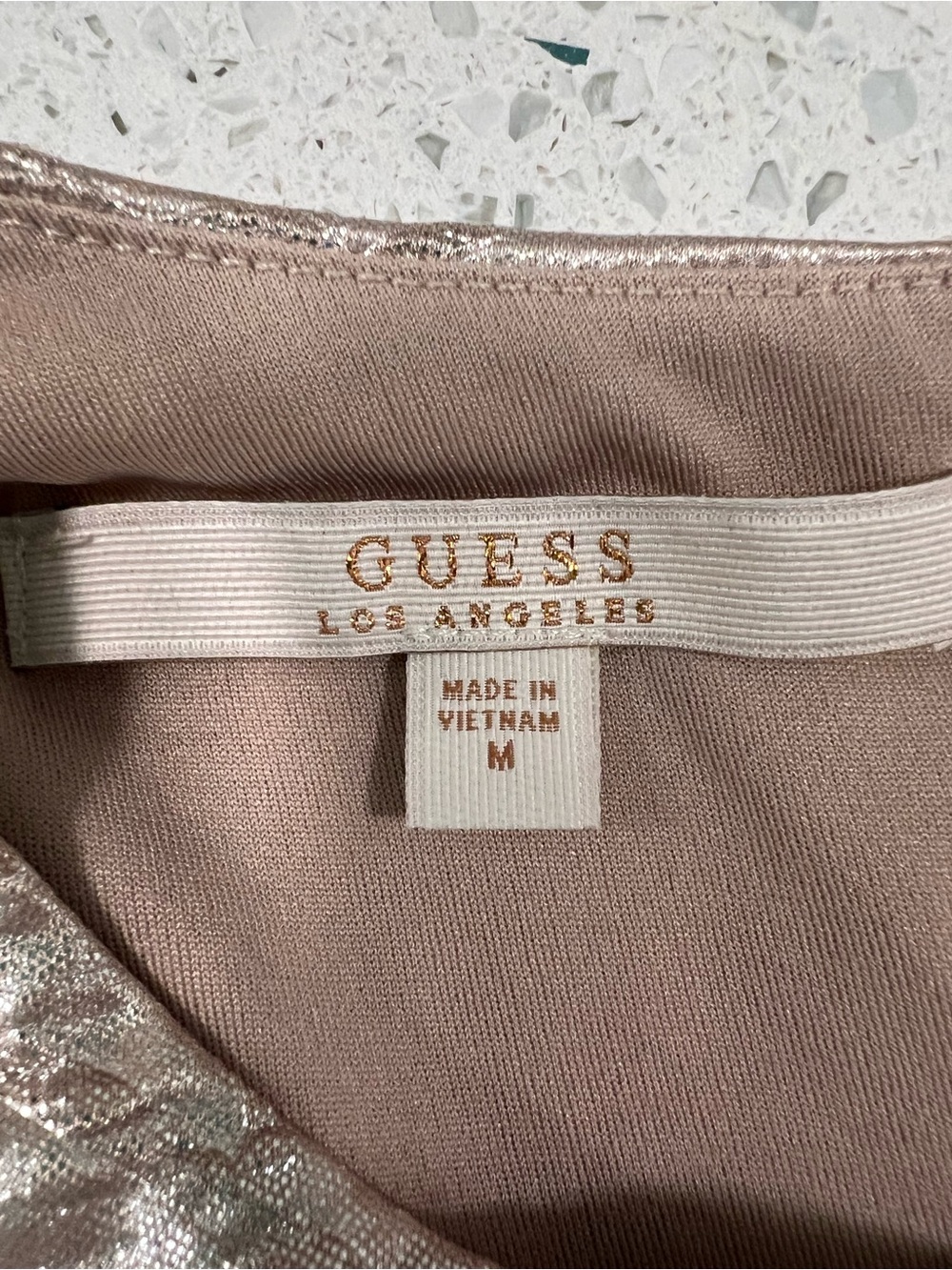 GUESS Metallic Bodycon Jacquard Cutout Sheath Dress Rose Gold Blush Party M - Picture 13 of 16